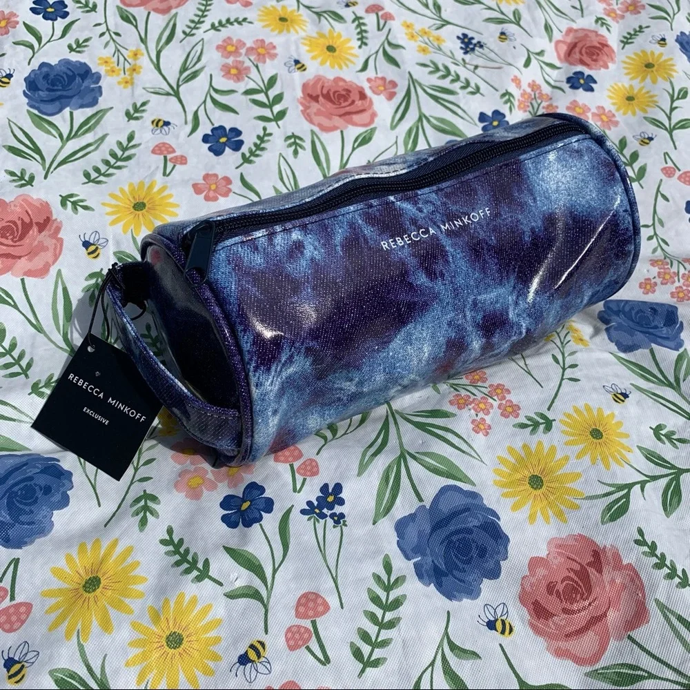 NWT REBECCA MINKOFF Exclusive Denim Blue Tie Dye Cylinder Makeup Cosmetic Pouch